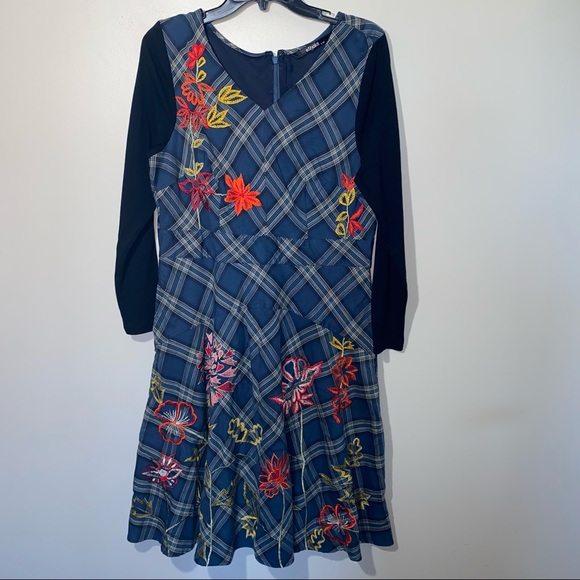 eShakti Plaid V-Neck Dress With Embroidery Detail and Long Sleeves Size Large 14 - Picture 3 of 10